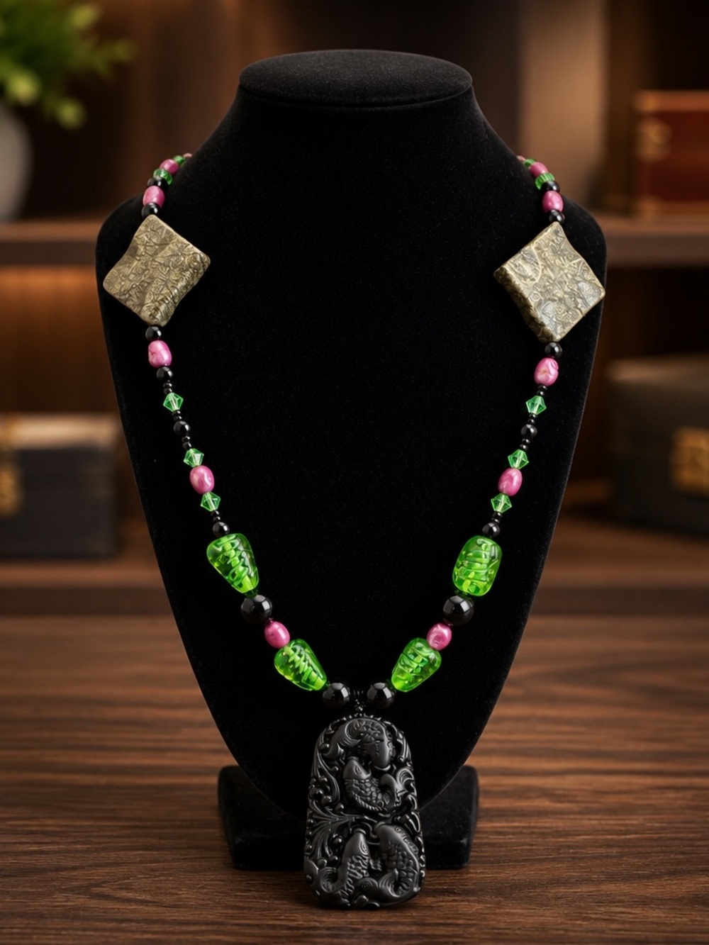 Handcrafted Black Jade Pendant Necklace with Green and Pink Beads